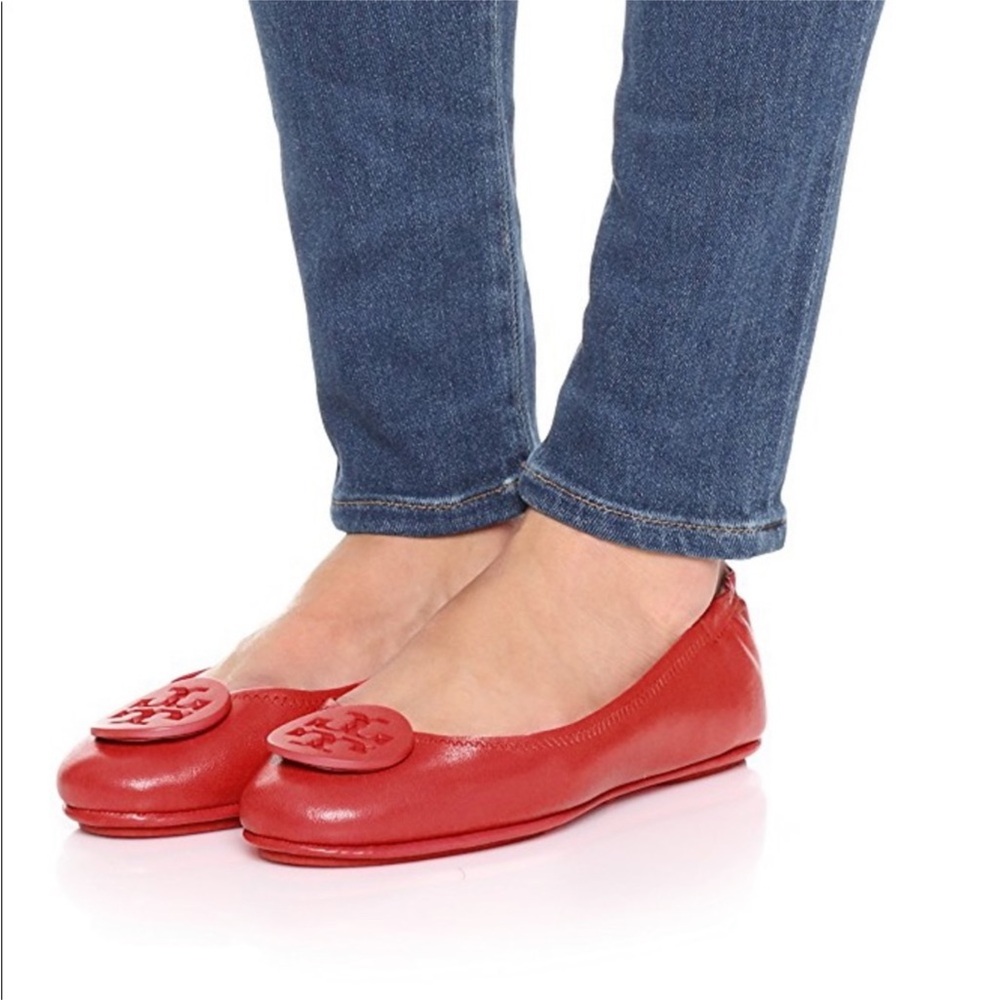 Red Leather Women's Ballet Flats with Decorative Medallion